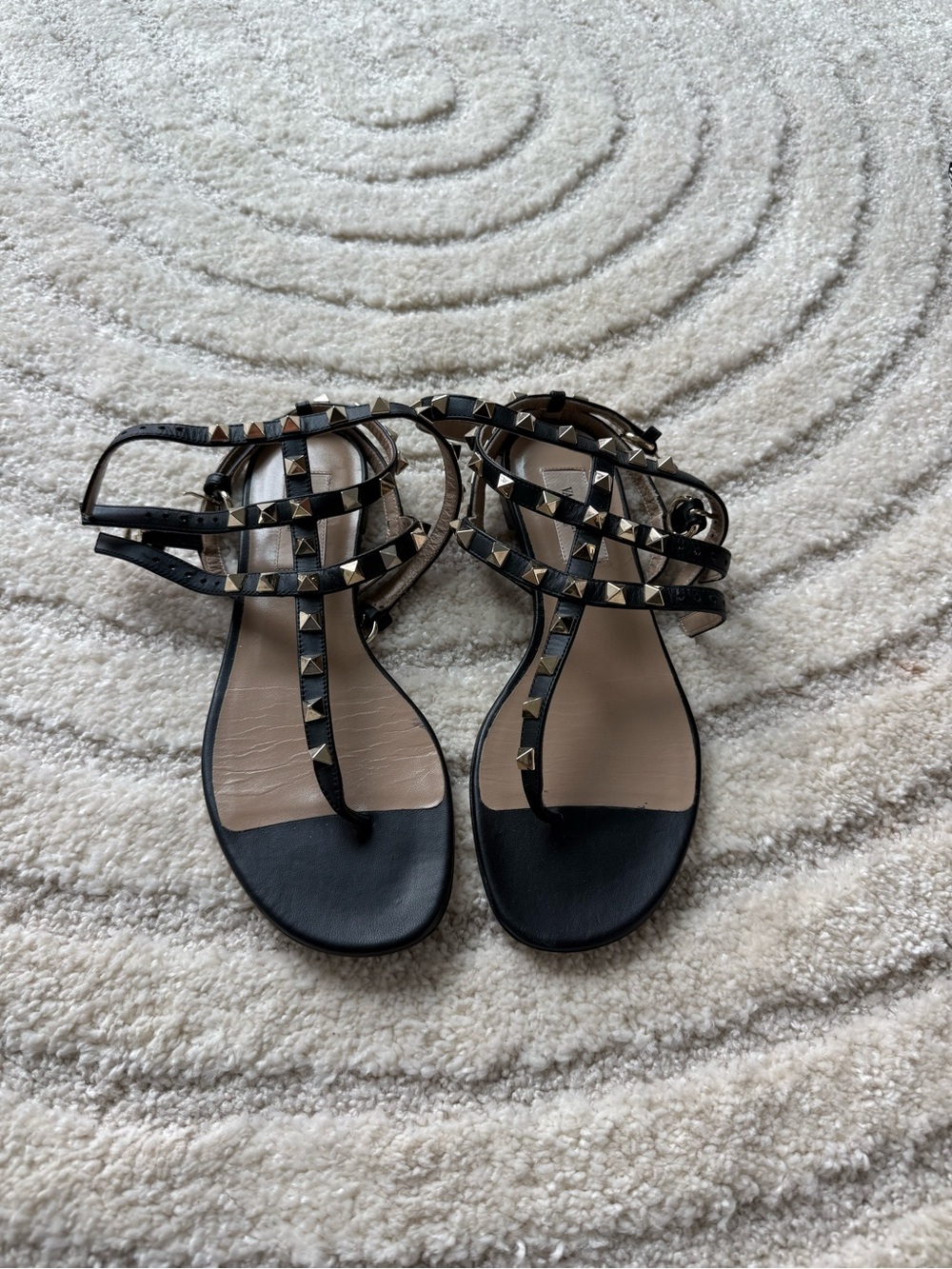 Valentino Black Pyramid-Stud T-Strap Sandals